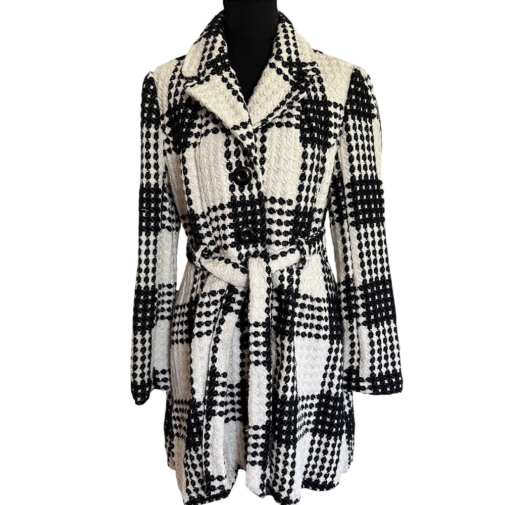 Vintage Y2K Candie's Black White Plaid Tweed Trench Coat Belted Jacket Large